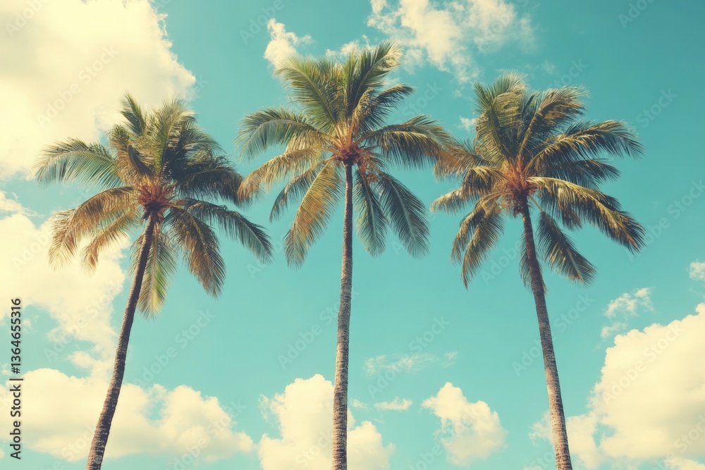 Fototapeta premium Tropical palm trees silhouetted against a bright blue sky with fluffy clouds in a serene tropical setting