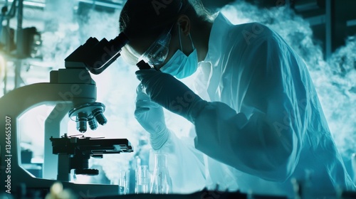 Obraz na płótnie A scientist using an advanced microscope to study viruses, clean lab environment with high-tech microscopy equipment, High-tech style w salonie