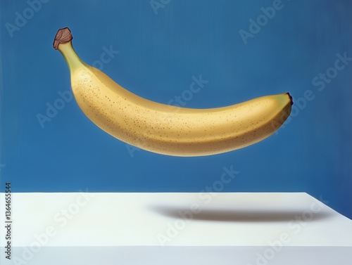 A single, whole banana, centered and floating slightly above a white surface, against a solid, bright blue background. 