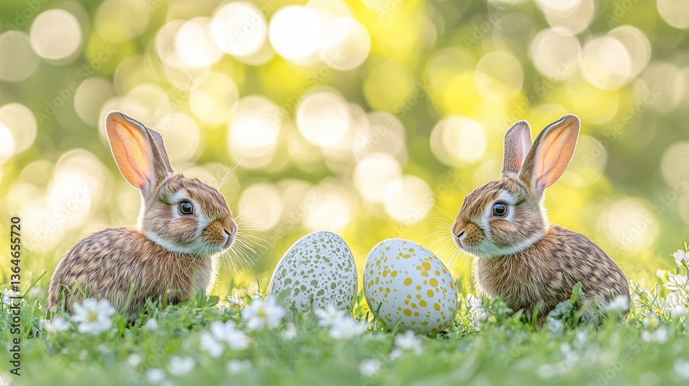 Obraz premium Spring bunnies Easter eggs meadow bokeh