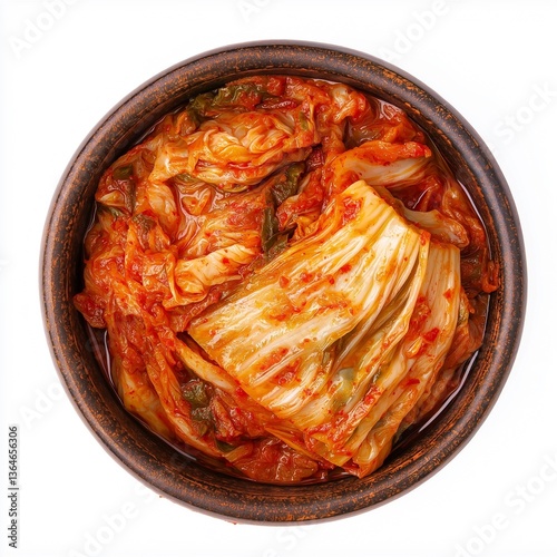 Spicy Chinese Napa Cabbage Kimchi in Bowl, Top View Isolated on a White Background