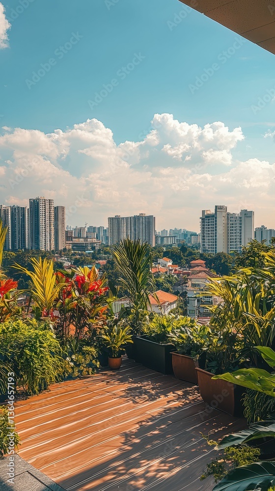 Fototapeta premium Lush Rooftop Garden with City View Under Bright Blue Sky