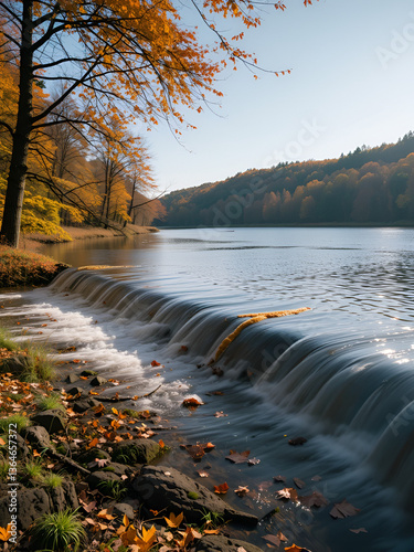 beautiful image of a small dam on Doyards lake in Vielsalm on a wonderful autumn day in the Belgian Ardennes photo