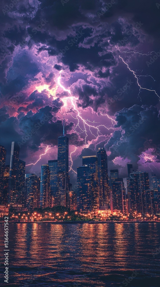 Dramatic City View Under Stormy Sky with Striking Lightning Effects Dramatic City View Under Stormy Sky with Striking Lightning Effects