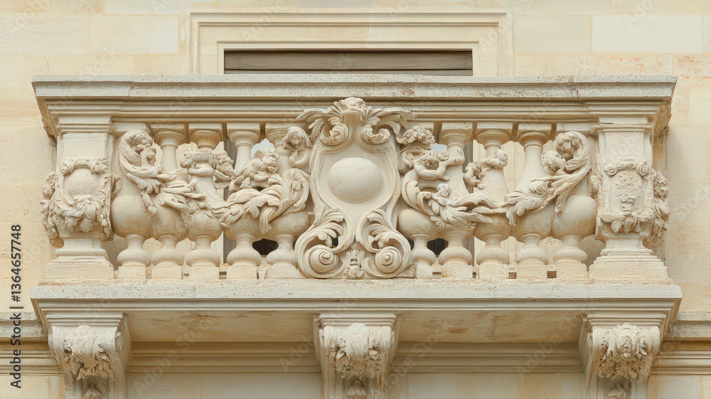 Ornate Stone Balcony with Intricate Carvings and Beige Color Palette Ornate Stone Balcony with Intricate Carvings and Beige Color Palette