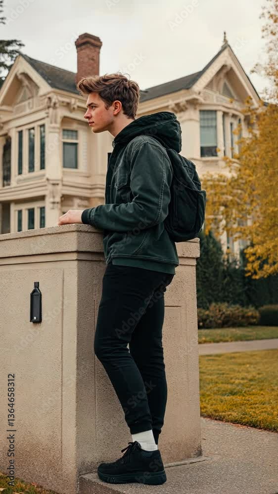 Young man in casual attire leaning on stone pillar in front of historic mansion during cloudy afternoon Young man in casual attire leaning on stone pillar in front of historic mansion during cloudy afternoon