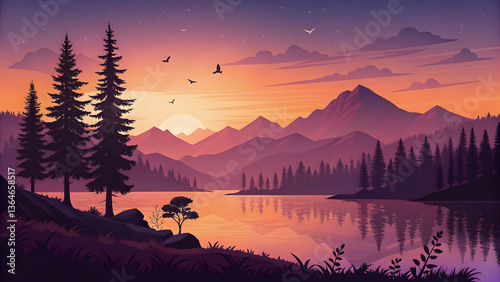 Scenic Sunset Landscape Illustration | Mountain Lake Nature Artwork
