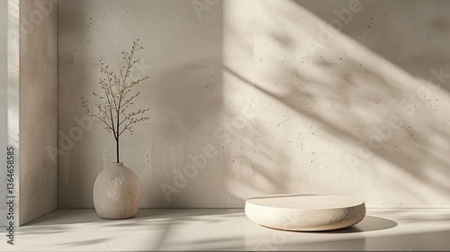 Bright Vase with Plant on Table in Minimal White Room photo