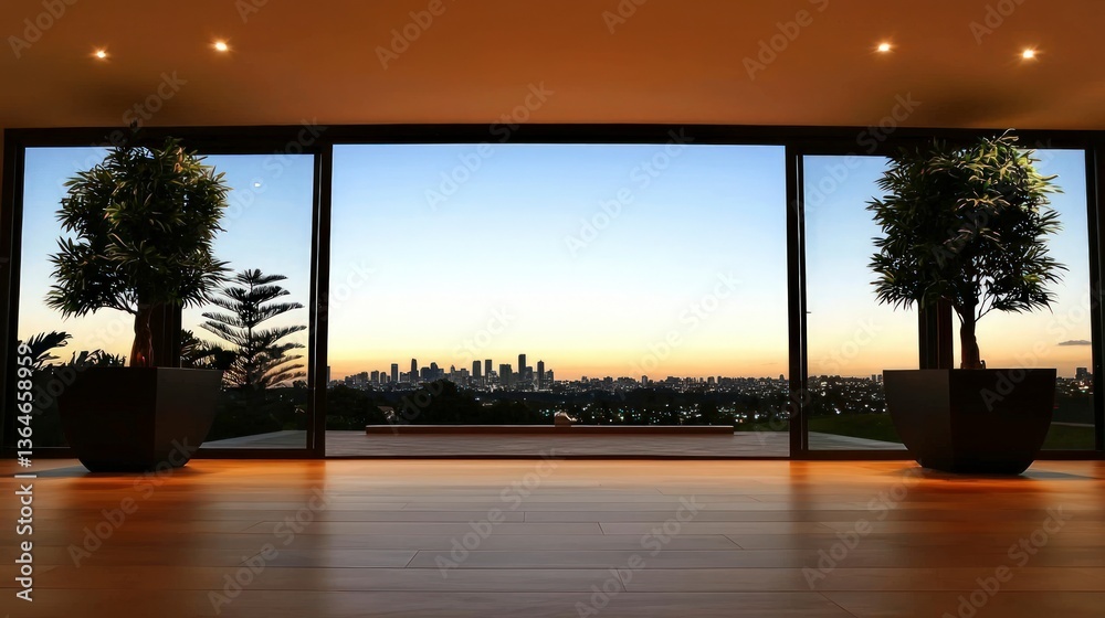 Fototapeta premium Modern Apartment Panoramic City Skyline View at Sunset