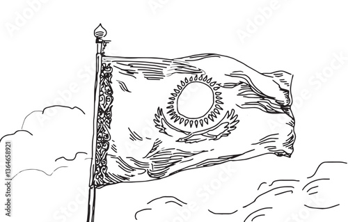 Hand drawn sketch of waving flag of Kazakhstan with ornamental patterns on sky background Independence day. Vector illustration