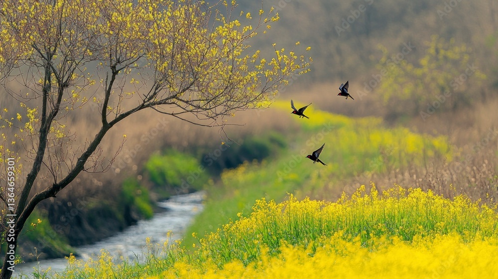 Fototapeta premium Birds soar above a spring stream amidst vibrant yellow flowers
