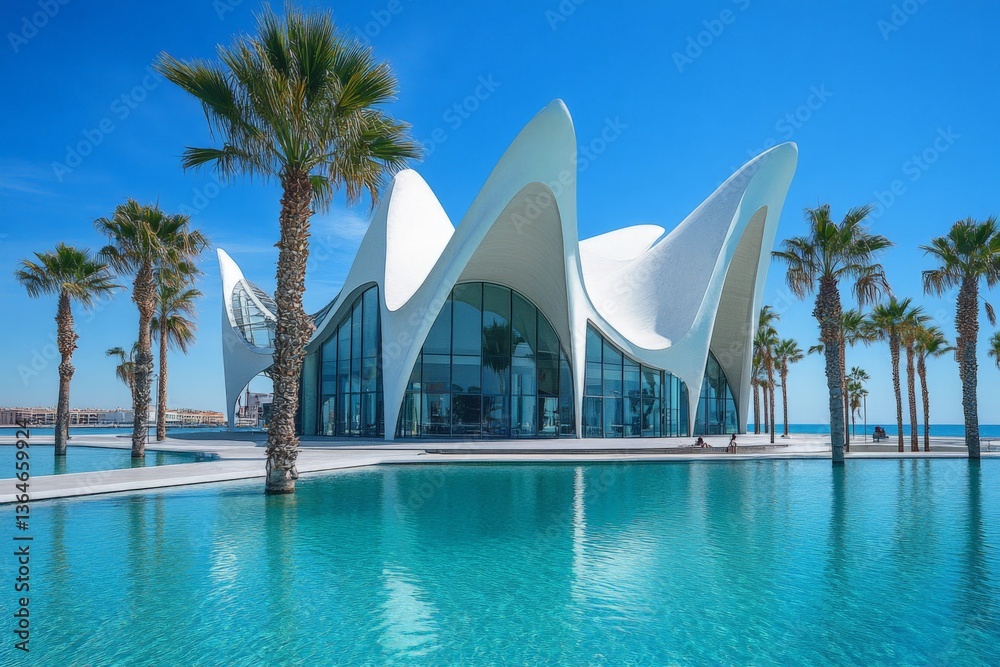 Naklejka premium Unique modern architecture by the water under a clear blue sky with palm trees framing the view