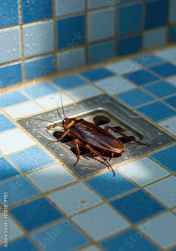 Cockroach on bathroom tile: insect pests and unwanted visitor in home interiors