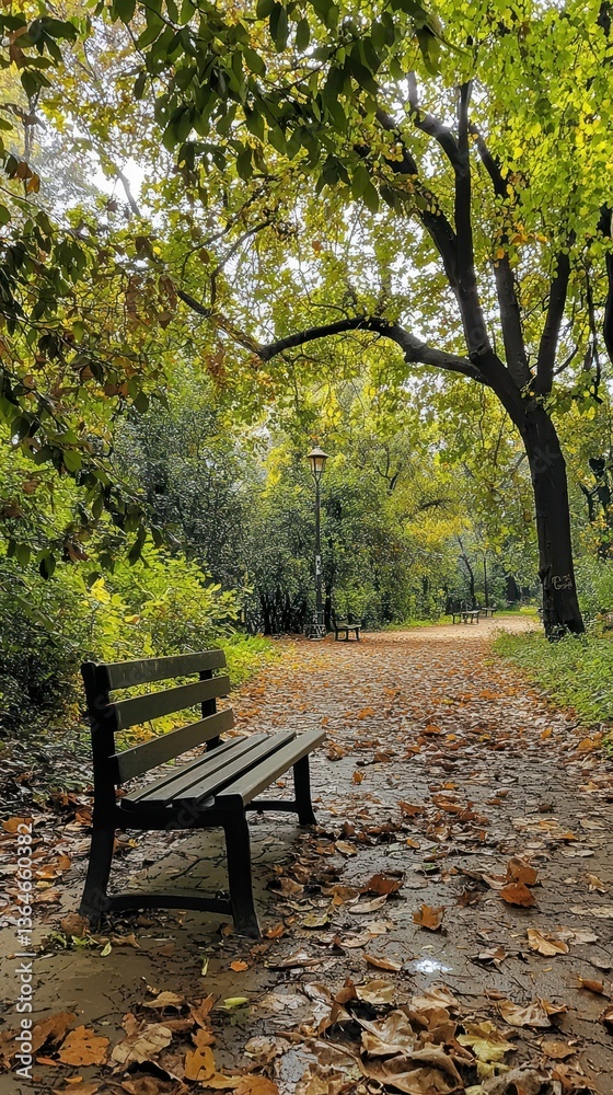 Cozy Bench in Leafy Park Under Dense Canopy of Trees Cozy Bench in Leafy Park Under Dense Canopy of Trees