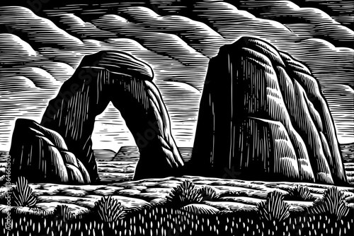 Rocky Arches National Park Desert landscape black and white hand drawn sketch outline