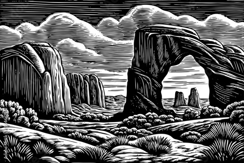Rocky Arches National Park Desert landscape black and white hand drawn sketch outline