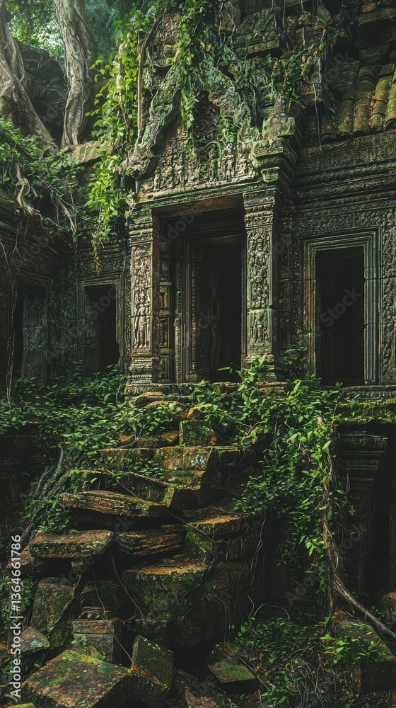 Crumbling Ancient Temple Overgrown with Ivy in Lush Greenery Crumbling Ancient Temple Overgrown with Ivy in Lush Greenery
