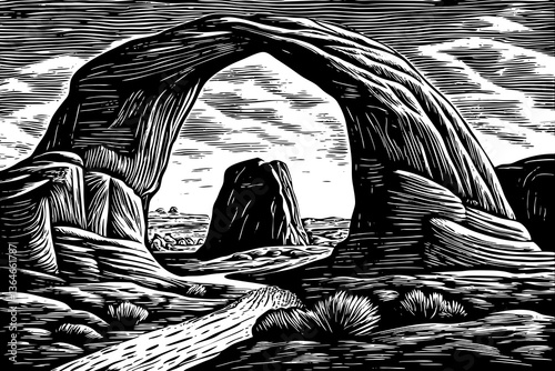 Rocky Arches National Park Desert landscape black and white hand drawn sketch outline
