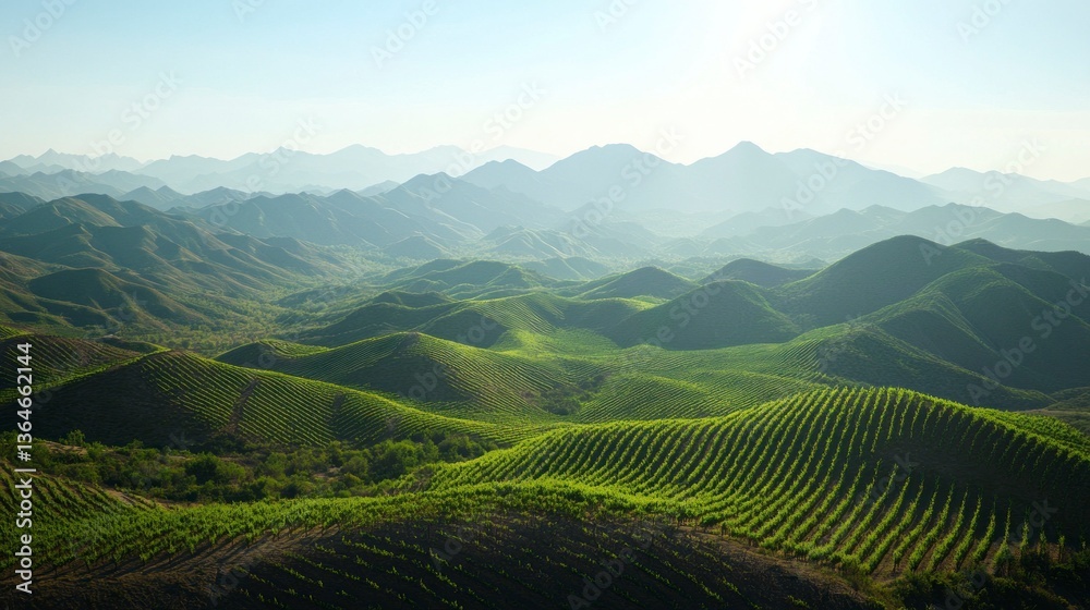 Fototapeta premium Lush vineyard hillsides stretch across a mountainous landscape