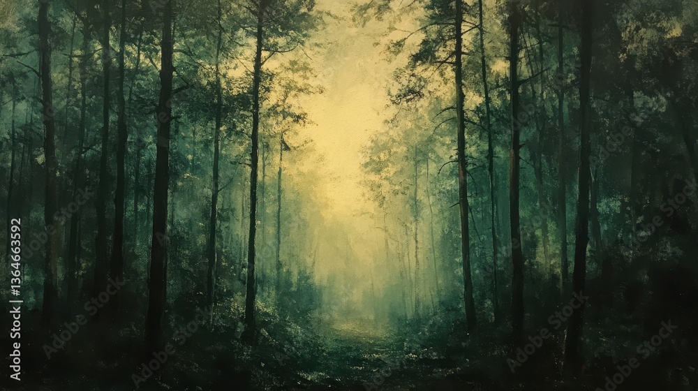 Naklejka premium Misty forest pathway in dense greenery with tall trees and soft light