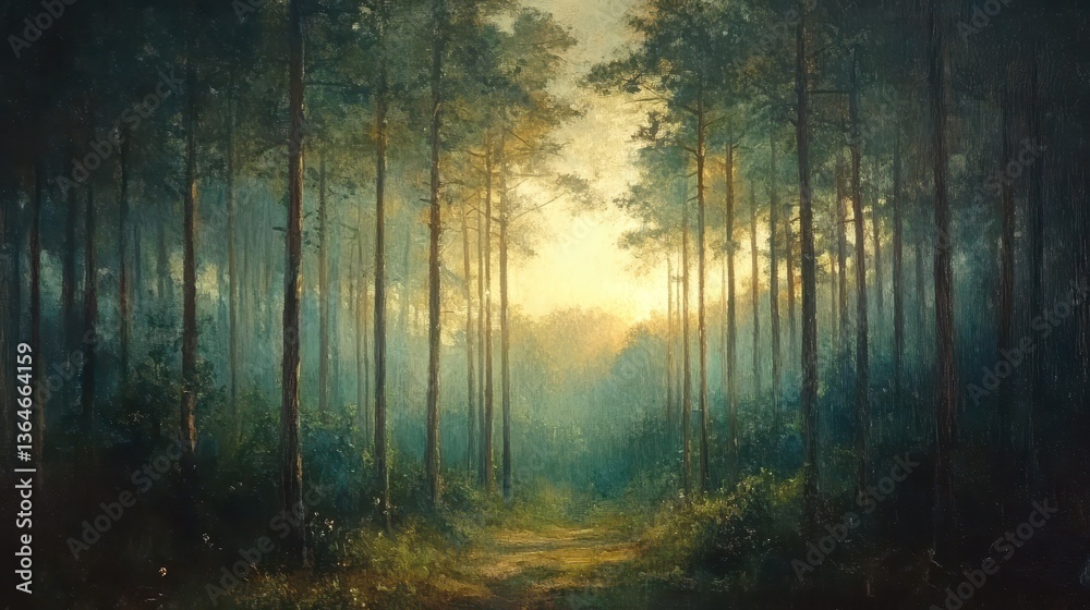 Fototapeta premium Serene forest pathway at dawn with sunlight filtering through tall trees