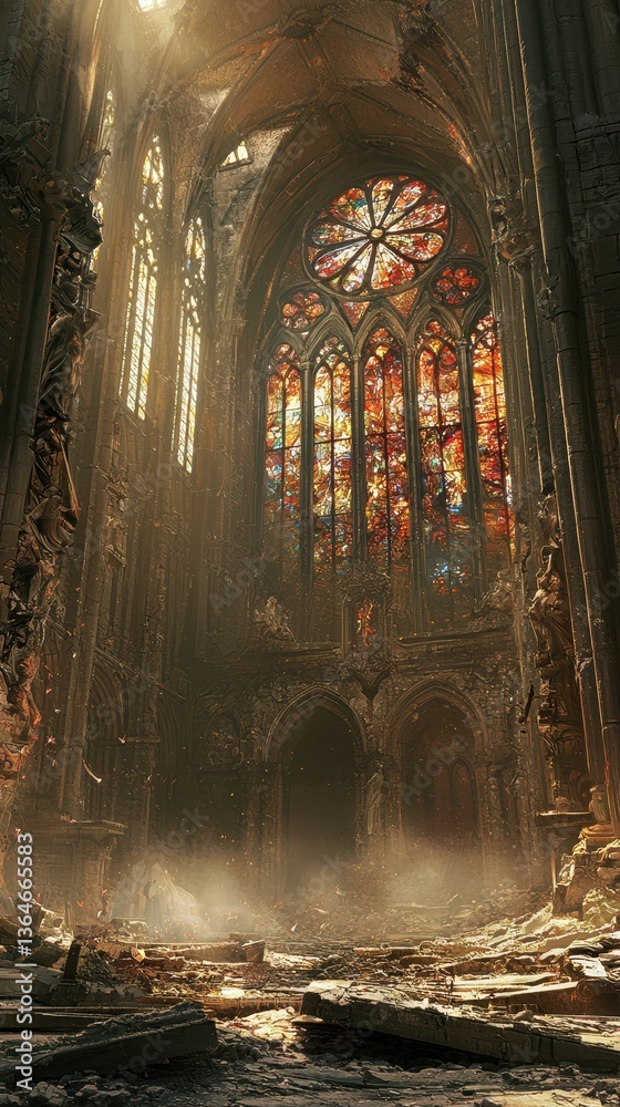 Fototapeta premium Crumbling Gothic Cathedral with Dramatic Stained Glass Windows