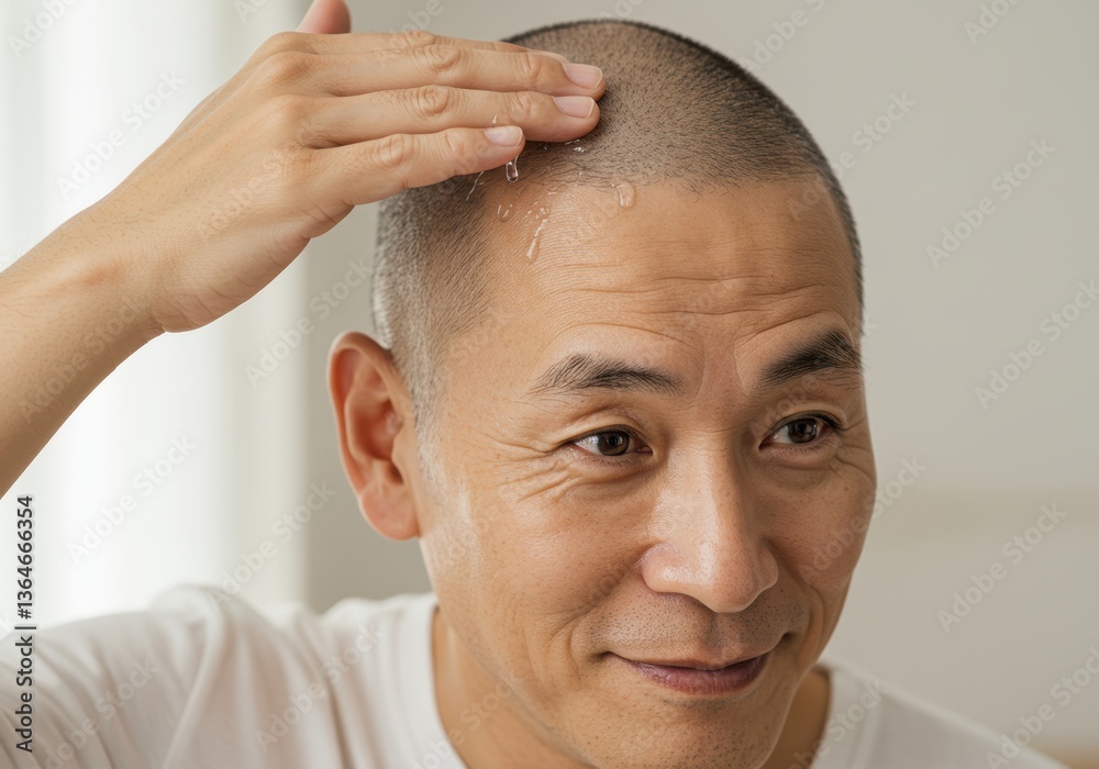 Obraz premium Man applying skincare to bald head for hydration and care