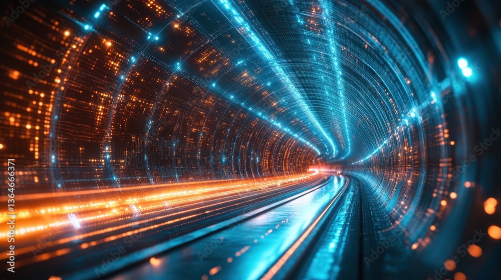 Futuristic neon data tunnel with blue and orange light streaks Futuristic neon data tunnel with blue and orange light streaks