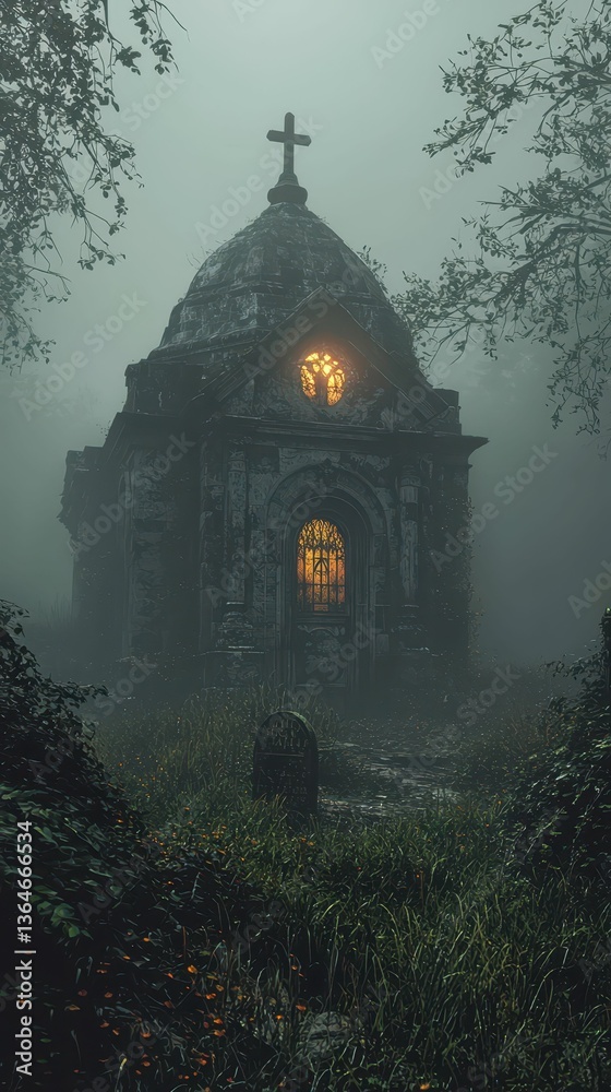 Fototapeta premium Foggy Graveyard with Crumbling Mausoleum and Eerie Atmosphere
