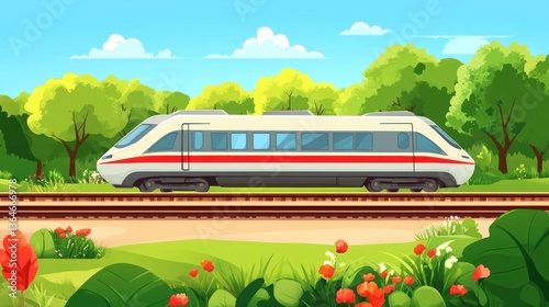 Modern high-speed train traveling through lush green landscape with blooming flowers and trees on a sunny day.