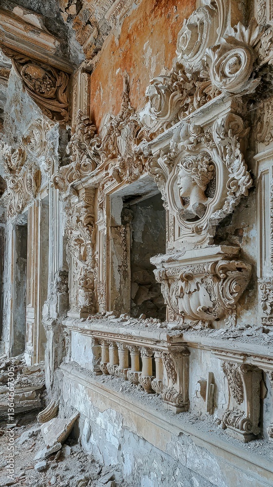 Fototapeta premium Crumbling Palace Walls with Ornate Carvings in Faded State