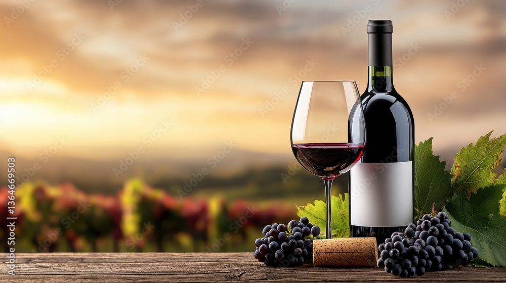 Fototapeta premium Elegant wine bottle and wine glass set against a picturesque vineyard landscape bathed in the warm glow of a sunset The image evokes the sophistication and of winemaking