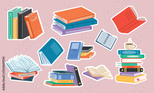 Books colorful sticker clipart set. Textbook outline clip art collection for educational reading material, library elements and education icon vector illustration.    
