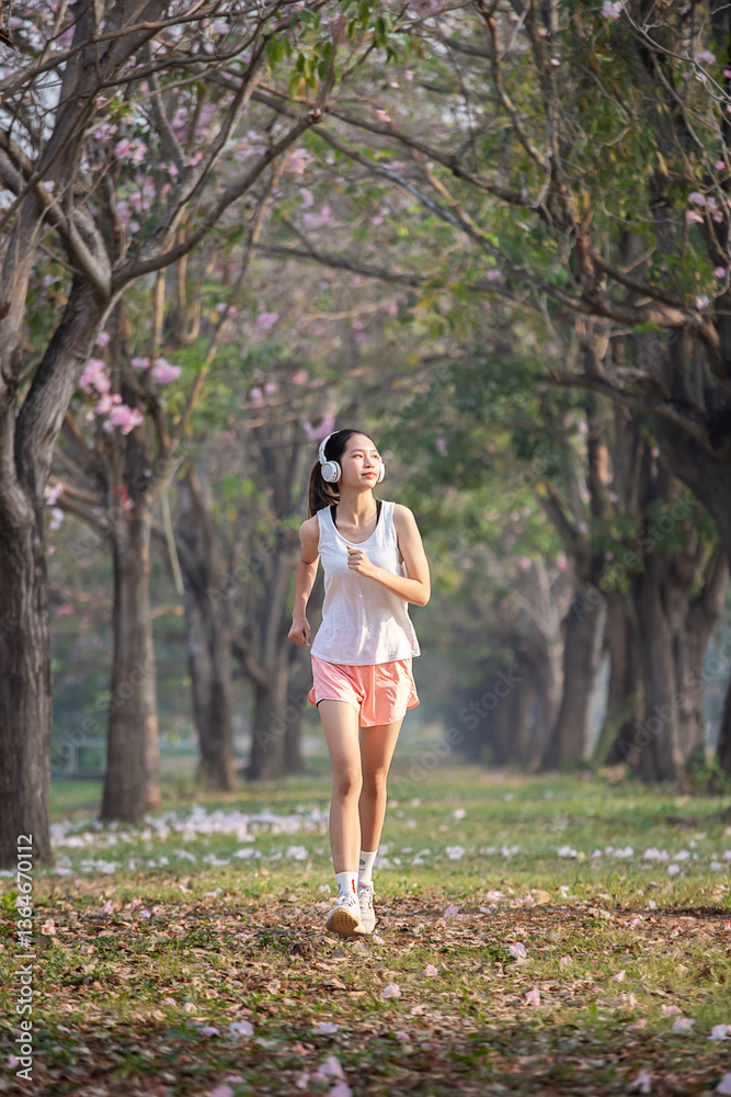 Naklejka premium Asian teenage girl jogging in a park in the morning.