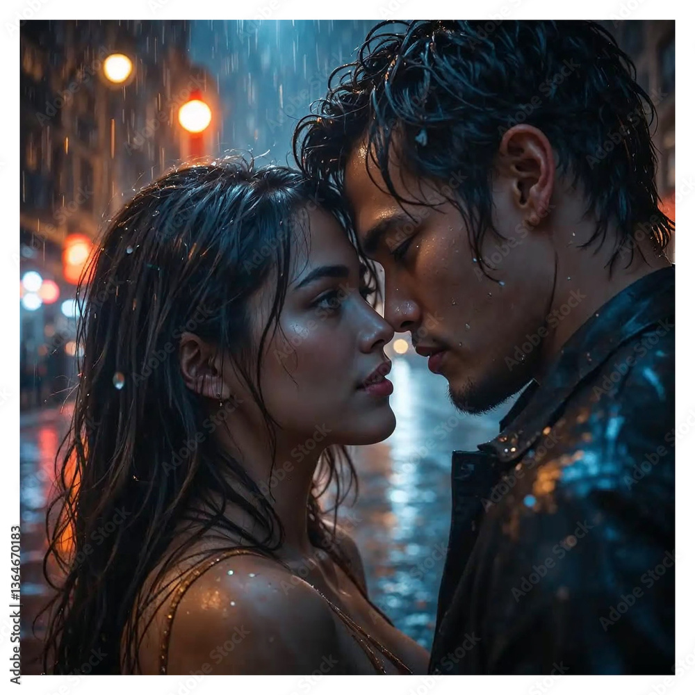 Romantic couple embracing in the rain on a city street Romantic couple embracing in the rain on a city street