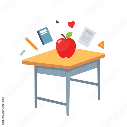 Apple on a table with school supplies in a colorful illustration  