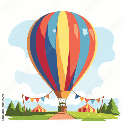 Colorful hot air balloon at a festival against a bright sky  