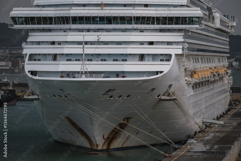 Family cruiseship or cruise ship liner Favolosa in Civitavecchia Rome, Italy port on grey windy day grey sky during Mediterranean autumn winter cruising dream vacation