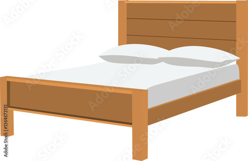 vector illustration of a bed in a hotel room.A wooden bed with a white sheet and two pillows on it