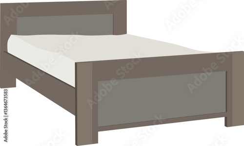 Vector illustration of a wooden bed with a white sheet. The bed has a white pillow and a white comforter