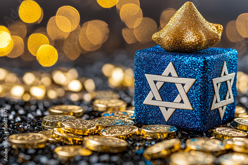 Hanukkah gelt and blue dreidel