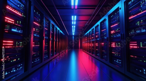 A supercomputer server room with glowing LED racks, dark ambiance with blue and red lights, Cybersecurity style