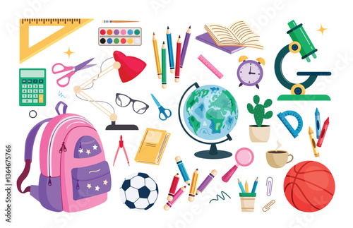 School elements clipart set. Back to school educational supplies clip art collection like bag, books, pencil, clock, calculator and ball colorful drawing vector illustration. 
