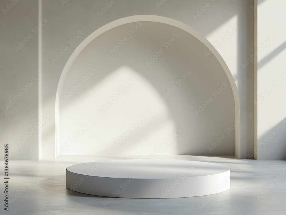 Minimalist product display Round pedestal with sunlit arched background Minimalist product display Round pedestal with sunlit arched background