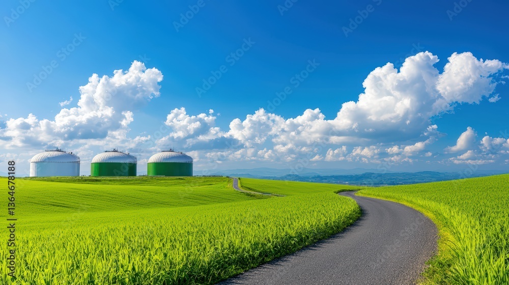 Obraz premium A scenic landscape featuring green fields, silos, and a winding road under a bright blue sky filled with fluffy clouds, Green Technology.