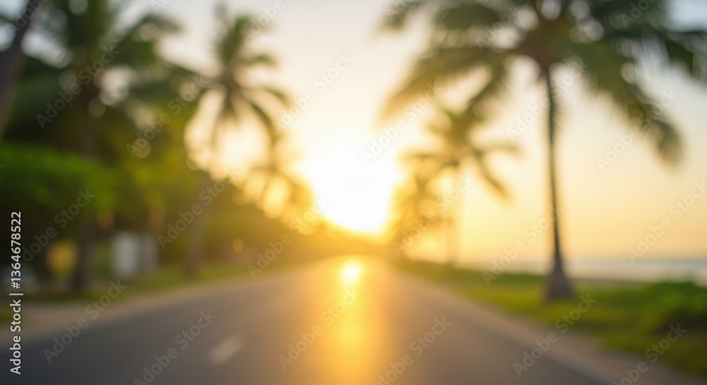 Abstract sunset scene, palm trees along a road, soft, out-of-focus light Abstract sunset scene, palm trees along a road, soft, out-of-focus light