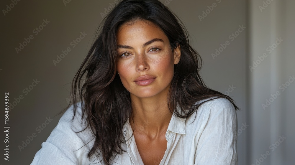 Striking Brunette Woman Posing with Confident and Contemplative Gaze in Studio Setting Showcasing Natural Beauty and Elegant Style Striking Brunette Woman Posing with Confident and Contemplative Gaze in Studio Setting Showcasing Natural Beauty and Elegant Style