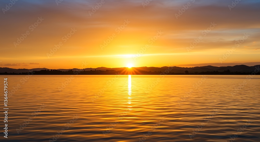 Fototapeta premium Lake Sunset Reflection with Golden Sky and Water Ripples