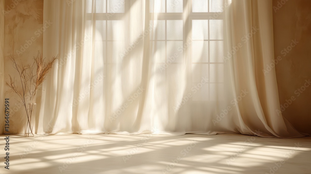 Sunlit room with flowing white curtains and tall windows Sunlit room with flowing white curtains and tall windows