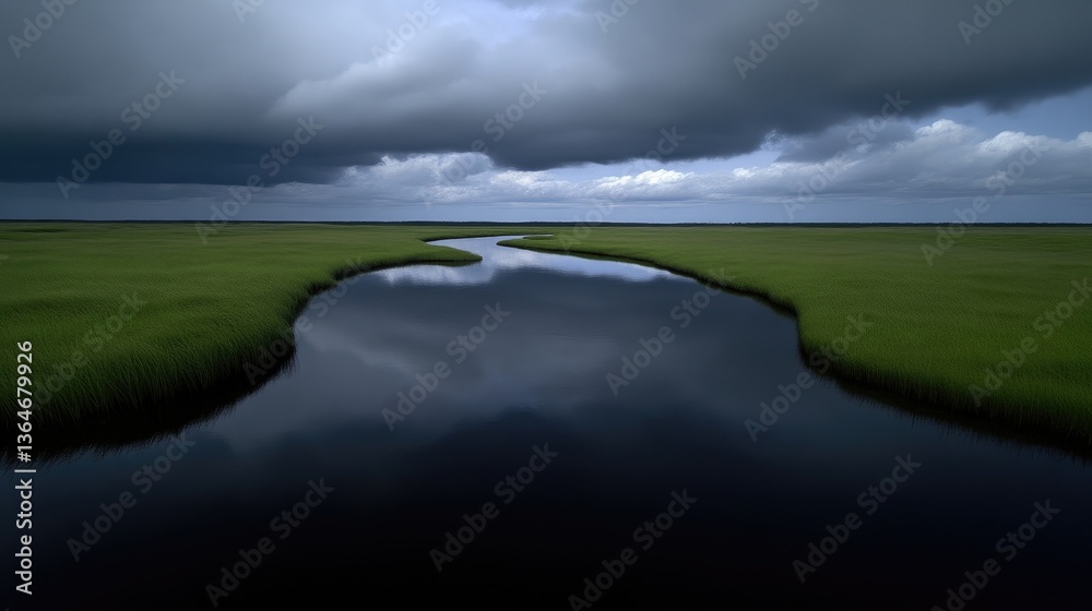 Fototapeta premium Tranquil marsh waterway under a brooding sky